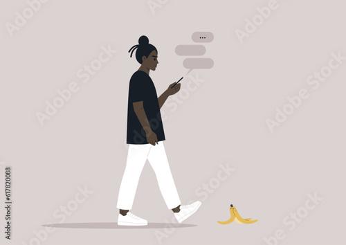 Young female African character addicted to their smartphone ignoring a banana peel on their way