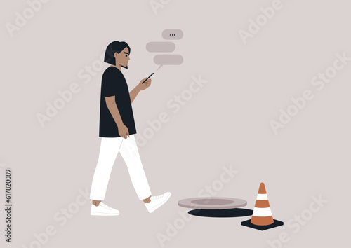 A young female Caucasian character addicted to their smartphone ignoring an open canalization hatch on their way