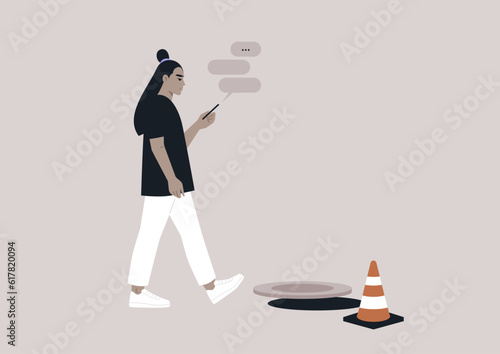 A young female Asian character addicted to their smartphone ignoring an open canalization hatch on their way