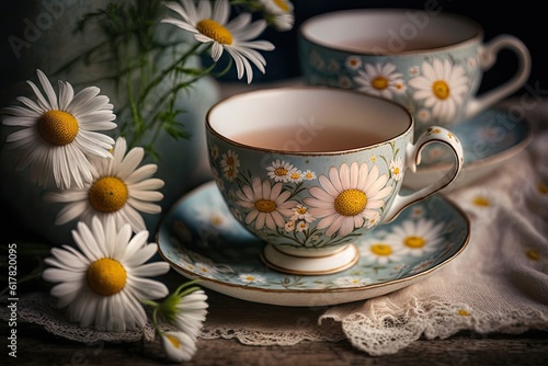 Cups of tea and beautiful flowers. Refined vintage dishes. Generative Ai