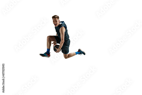 Dynamic image of man, basketball player during game, training, jumping with ball isolated against white background. Concept of sport, action and motion, health, game, hobby, sportswear, ad