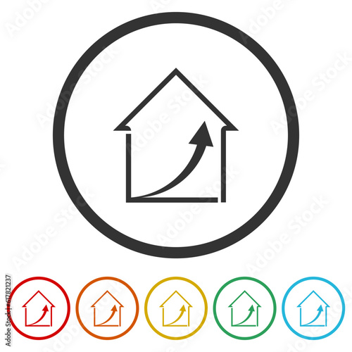 House price or value increase icon. Set icons in color circle buttons