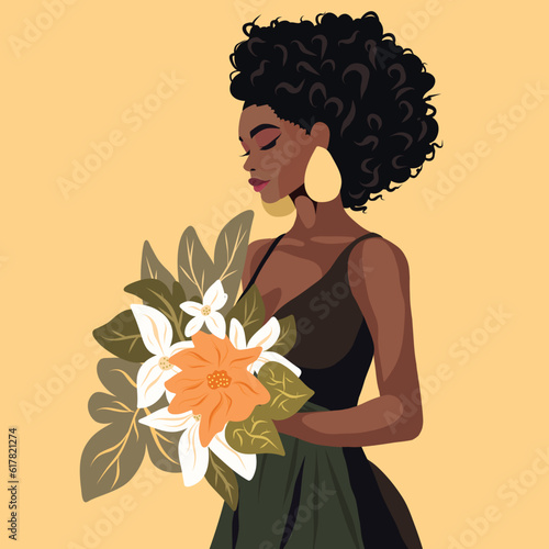 Portrait of a very beautiful African curly girl. Girl with flowers in her hands. Postcard poster banner women's day. Feminism. Vector flat illustration on gentle pastel background