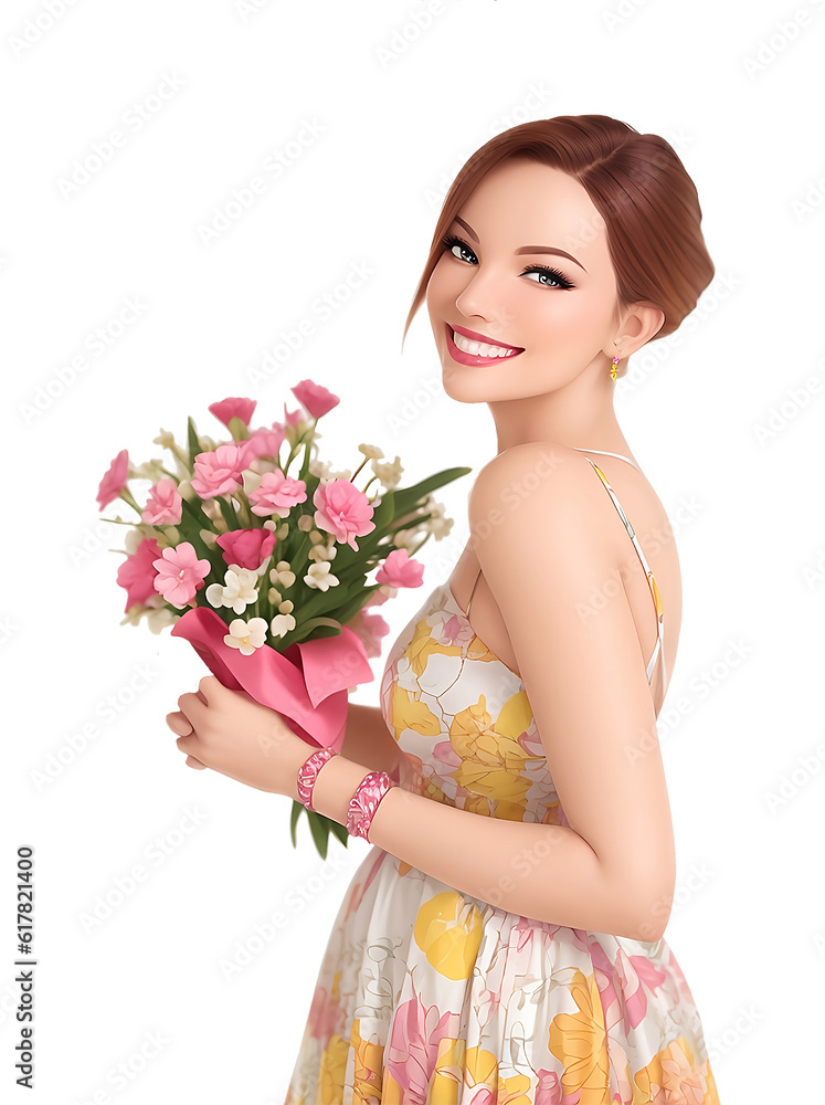 Beautiful woman beautiful smile beautiful dress gesture holding goods
