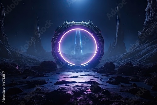 Fotografia Abstract portal stone gate with neon glowing light in the dark space landscape of cosmic, rocky mountain stone field, spectrum light effect, with Generative Ai