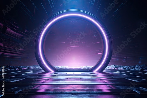Abstract portal stone gate with neon glowing light in the dark space landscape of cosmic, rocky mountain stone field, spectrum light effect, with Generative Ai.