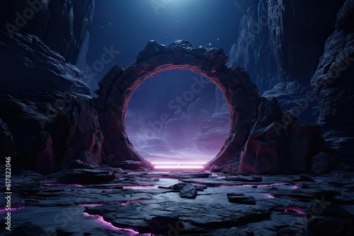 Fotografia Abstract portal stone gate with neon glowing light in the dark space landscape of cosmic, rocky mountain stone field, spectrum light effect, with Generative Ai