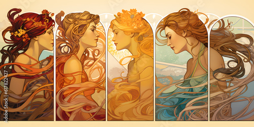 In Mucha's style, emulate turbulent fluid flow or river rapids showcasing interplay of viscosity