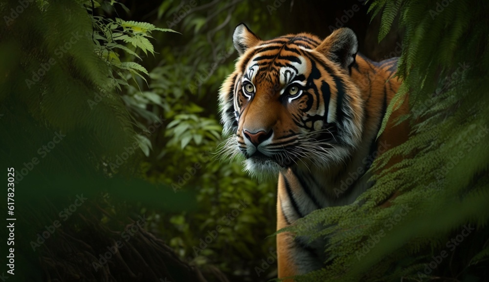 beautiful bengal tiger with lush green habitat backgro.Generative AI