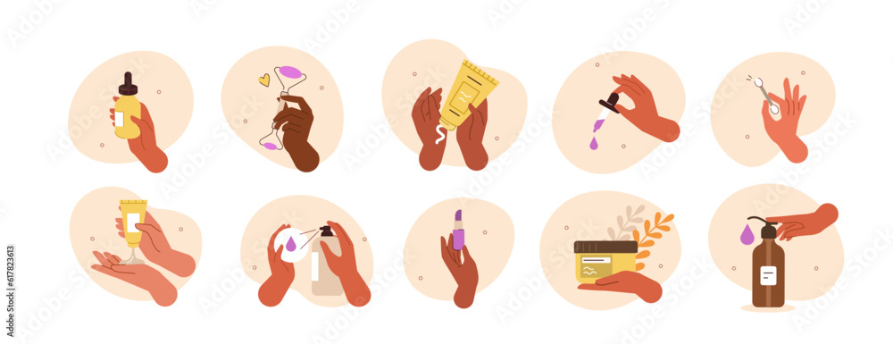 Beauty concept illustration. Collections of women characters hands taking care about skin and using serum oil, moisture cleanser and other natural cosmetic products. Vector illustrations set.