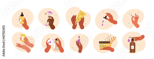Beauty concept illustration. Collections of women characters hands taking care about skin and using serum oil, moisture cleanser and other natural cosmetic products. Vector illustrations set.