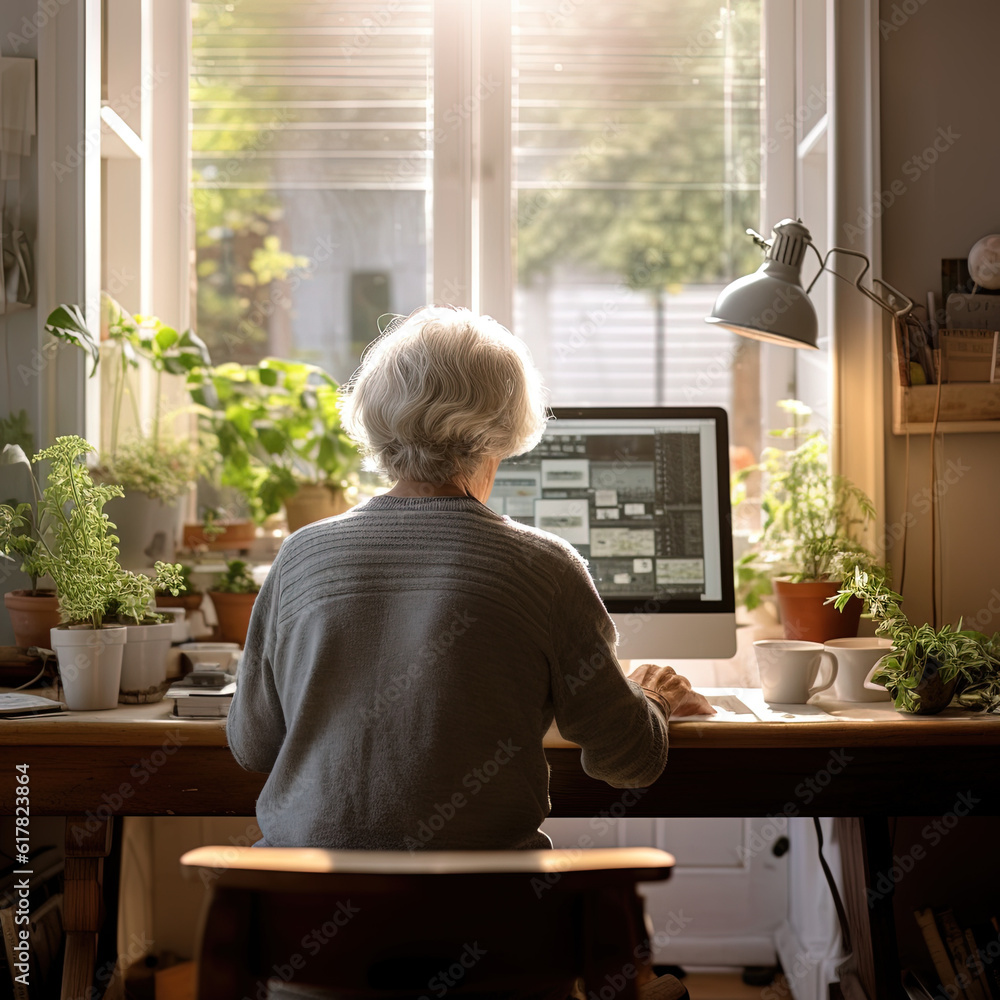 Mature woman, senior, seen from behind, working on a computer at home, generative IA Mature woman, senior, seen from behind, working on a computer at home, generative IA