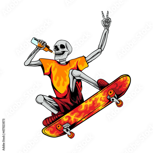 skull playing skateboard vector illustration