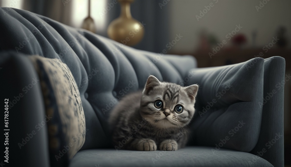Beautiful little cat on a grey sofa.Generative AI