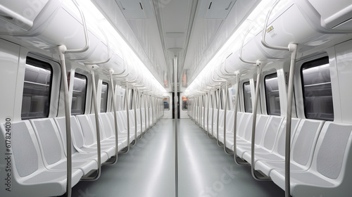 A subway car with rows of empty seats. Generative AI.