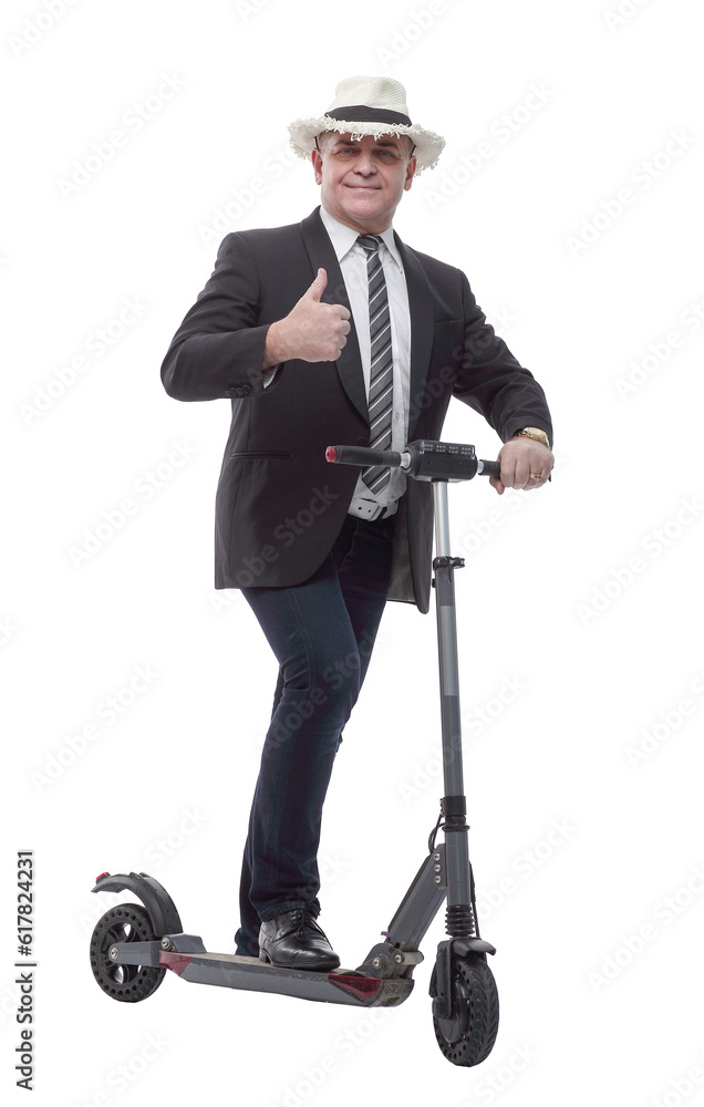 cheerful business man on an electric scooter giving a thumbs up cheerful business man on an electric scooter giving a thumbs up