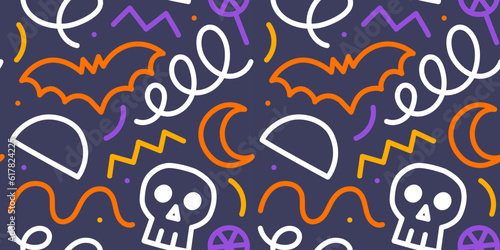 Colorful halloween party seamless pattern. Funny cartoon line doodle background illustration of scary autumn celebration decoration and childish shapes.	
