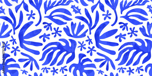 Abstract watercolor flower nature art seamless pattern illustration. Modern hand drawn floral painting, spring acrylic paint drawing background. Blue color flowers wallpaper print.
