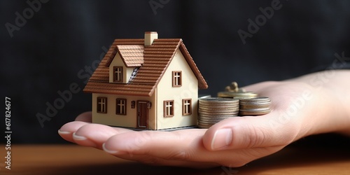 A person holding a house model in one hand and a pile of coins in the other, symbolizing the financial decision of buying a home , concept of Mortgage planning, created with Generative AI technology