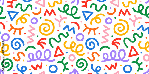 Fun colorful line doodle seamless pattern. Creative minimalist style art background for children or trendy design with basic shapes. Simple childish scribble backdrop.