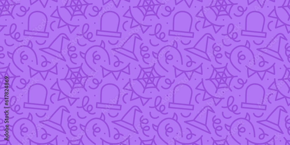 Colorful halloween party seamless pattern. Funny cartoon line doodle background illustration of scary autumn celebration decoration and childish shapes.	