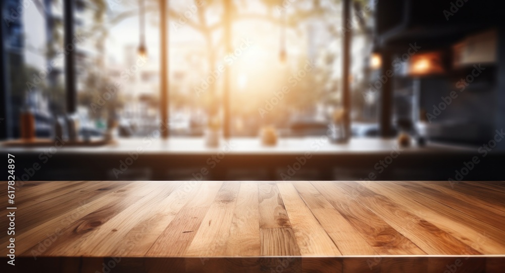 Beautiful empty brown wooden table top and blurred defocused window outside interior background with daylight flare, product montage display. generative ai Beautiful empty brown wooden table top and blurred defocused window outside interior background with daylight flare, product montage display. generative ai
