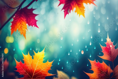 Beautiful autumn background with red-orange autumn leaves on a blue background with raindrops. AI generated.