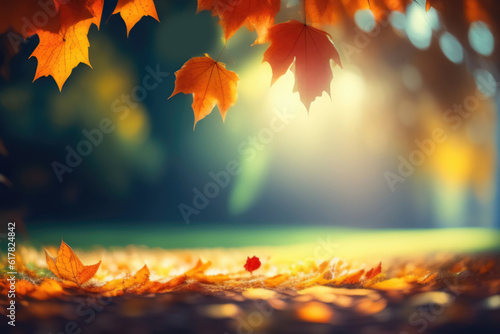 Beautiful orange autumn maple leaves close up in the forest with soft focus at sunset. AI generated.