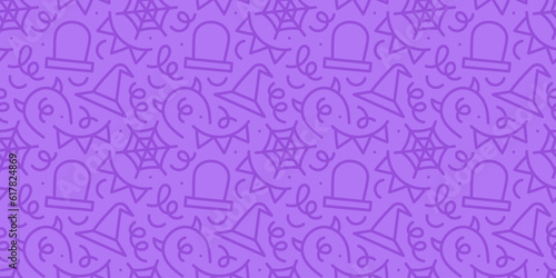 Colorful halloween party seamless pattern. Funny cartoon line doodle background illustration of scary autumn celebration decoration and childish shapes.	
