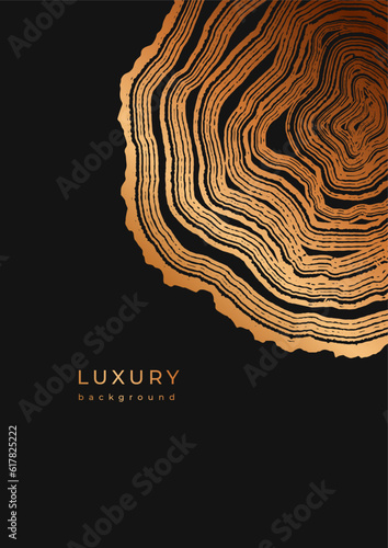 Luxury golden backgrounds with wood annual rings texture. Template with shiny tree ring pattern. Stamp of tree trunk in section. Wooden concentric circles. Black and bronze gold background. Copy space