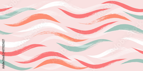 Seamless Wave Pattern, Hand drawn pink vector background. Wavy girly brush stroke, curly grunge paint lines, watercolor illustration