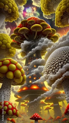 Amanita muscaris mushroom spore cloud space probe, a.i. generated, vertical photo