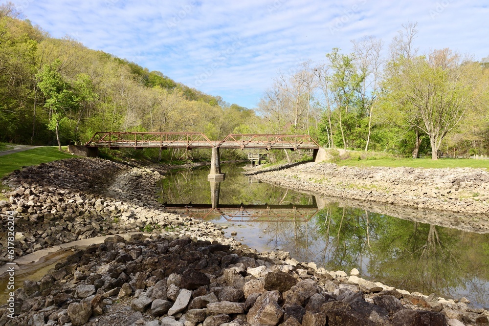 The steel footbridge over the creek in the park. The steel footbridge over the creek in the park.
