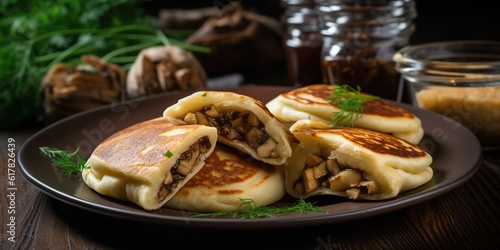 Traditional pancakes stuffed with fried chicken with mushrooms lie on a plate , concept of Savory cuisine, created with Generative AI technology