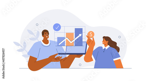 Stock trading concept. Characters analyzing financial graphs and planning stock market investing strategy. Vector illustration.