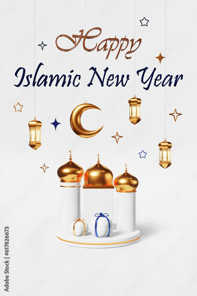 Happy Islamic New Year glowing light Golden Crescent Lanters Mosque Gifts New lunar calendar Hijri year holiday 3d rendering. Muharram Sacred Month of Allah Muslim religious greeting card Festive sale