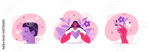 Mental health and psychotherapy concept illustration. Collections of characters take care of mentality, learn self accepting and love yourself. Vector illustrations set.