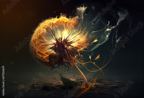 Burning dandelion on a black background. AI Generated
