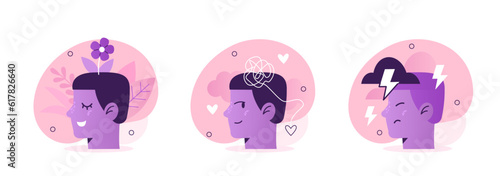 Mental health and psychotherapy concept illustration. Collections of characters having therapy against depression and other mental disorder. Vector illustrations set.