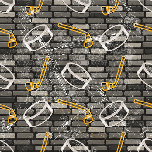 Hockey neon sticks and pucks. Hockey seamless pattern with brick texture in grey color. Vector illustration.