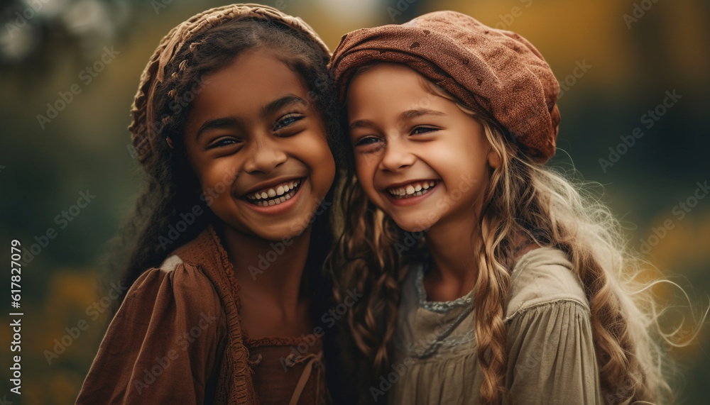 Fototapeta premium Cute girls bond in nature, smiling with toothy joy outdoors generated by AI