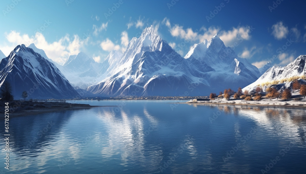 Majestic mountain range reflects tranquil blue sky in panoramic landscape generated by AI
