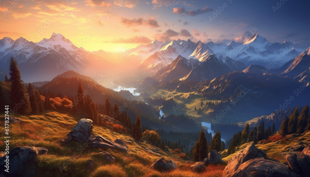 Majestic mountain range at dawn, a tranquil scene for hiking generated by AI