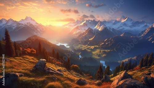 Majestic mountain range at dawn, a tranquil scene for hiking generated by AI © Jemastock