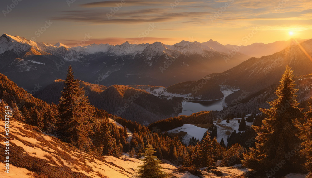 Tranquil sunrise over majestic mountain range, perfect for hiking adventures generated by AI