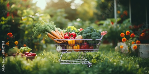Fotografia Shopping cart filled with fruits and vegetables growing into a lush garden , con