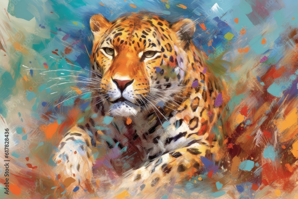 Fototapeta premium Leopard form and spirit through an abstract lens. dynamic and expressive Leopard print by using bold brushstrokes, splatters, and drips of paint. Leopard raw power and untamed energy