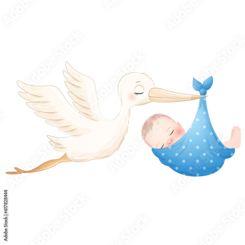 Cute crane newborn baby boy delivery baby shower watercolor illustration