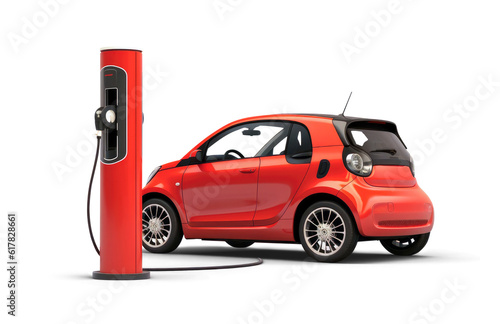 Electric red car refueling at a power pump