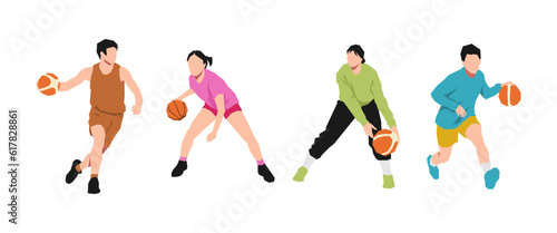 set of girls and boys character is playing and dribbling a basketball. can be used for basketball  sport  activity  training  etc. flat vector illustration.